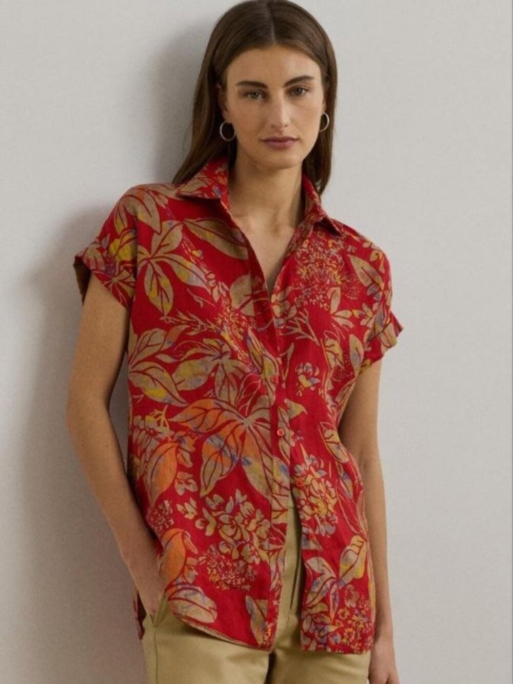 $115 Ralph Lauren Floral Print Linen Shirt Red Size M